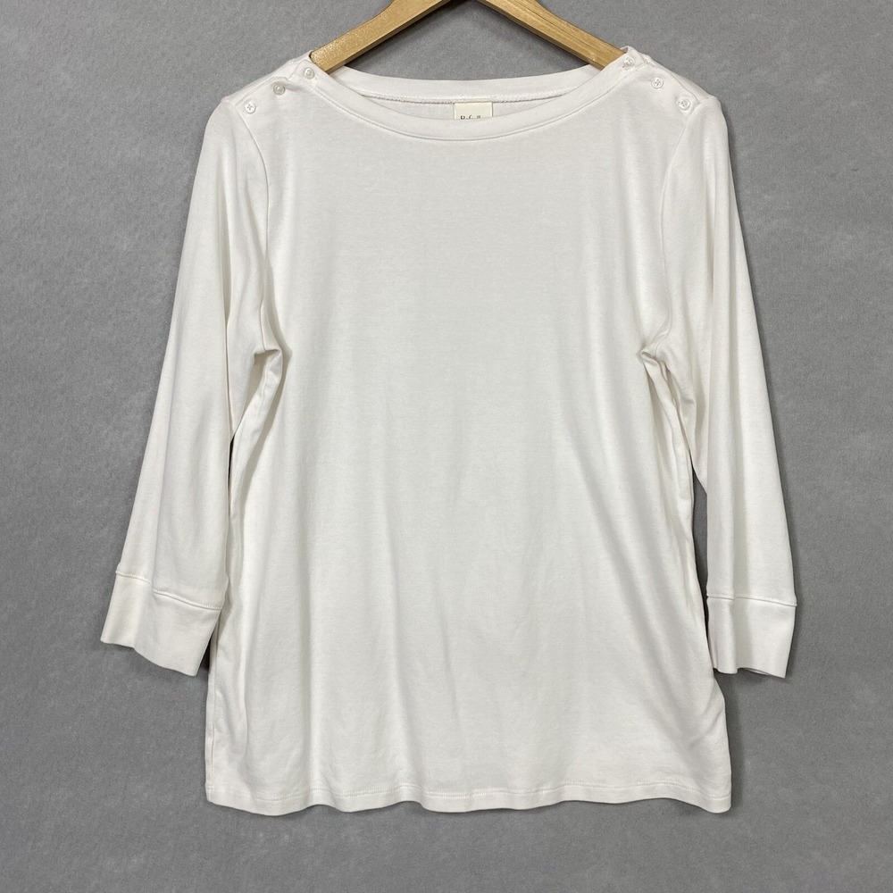 Rafaella Sport Studio Womens L Shirt White 3/4 Sleeve Cotton Button Shoulder